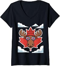 Womens Cool Canadian Moose with Maple Leaf Sunglasses Funny Art V-Neck T-Shirt