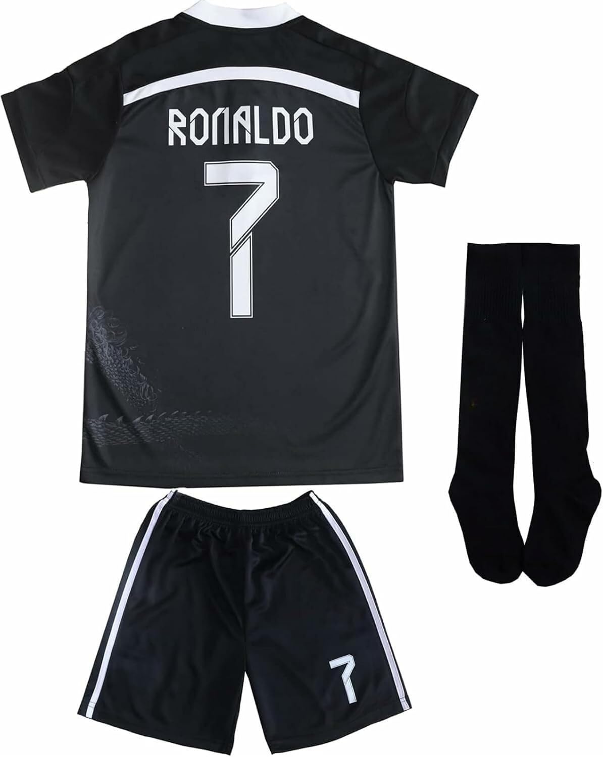 No #7 Black Old Dragon Special Edition Kids Soccer Jersey Kit Shorts Socks Set Youth Sizes (Black,28)