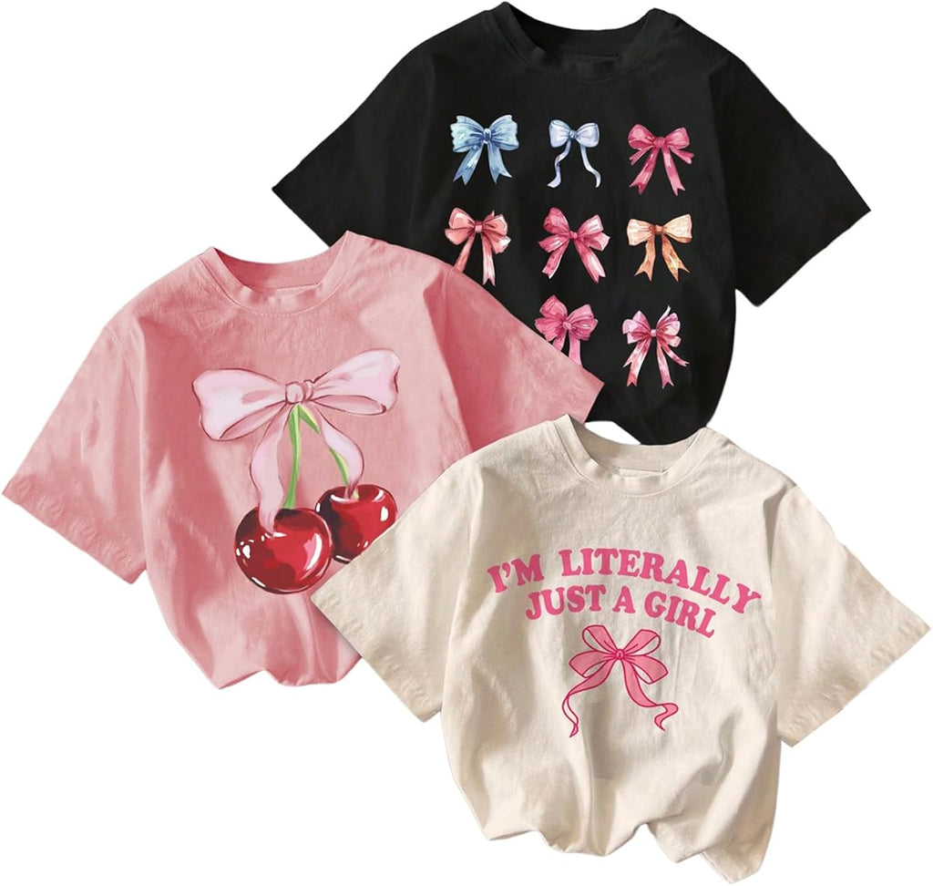 Girl's Bow Cherry Graphic Tees Short Sleeve Crewneck Cute T Shirts Tops for Teens Summer Tops