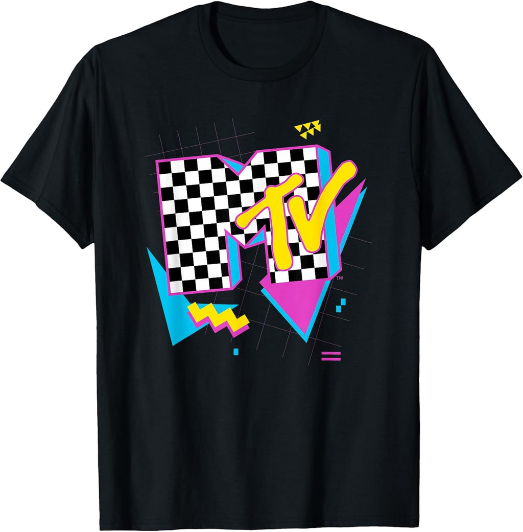 Retro Checkered Neon Shapes Music Television T-Shirt