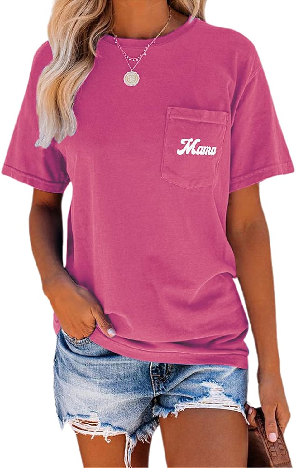 Women's Letter Print Basic Crew Neck Tee Summer Short Sleeve T-Shirt with Pockets Loose Fitting Tops