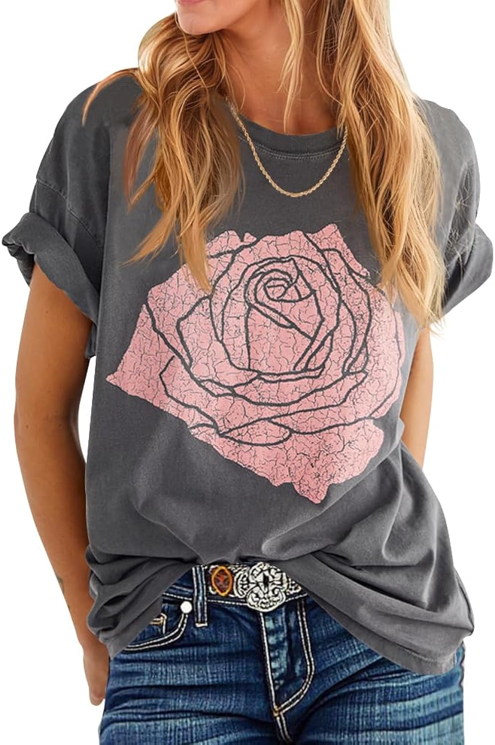 Womens Rose Graphic Tee T Shirt Loose Fit Summer Short Sleeve Casual Boyfriend Crew Neck Tops