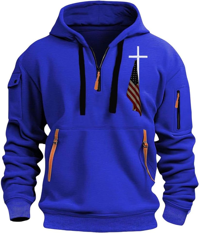 Mens Half Zip Mock Neck Hoodies with Pocket USA Flag Tactical Hooded