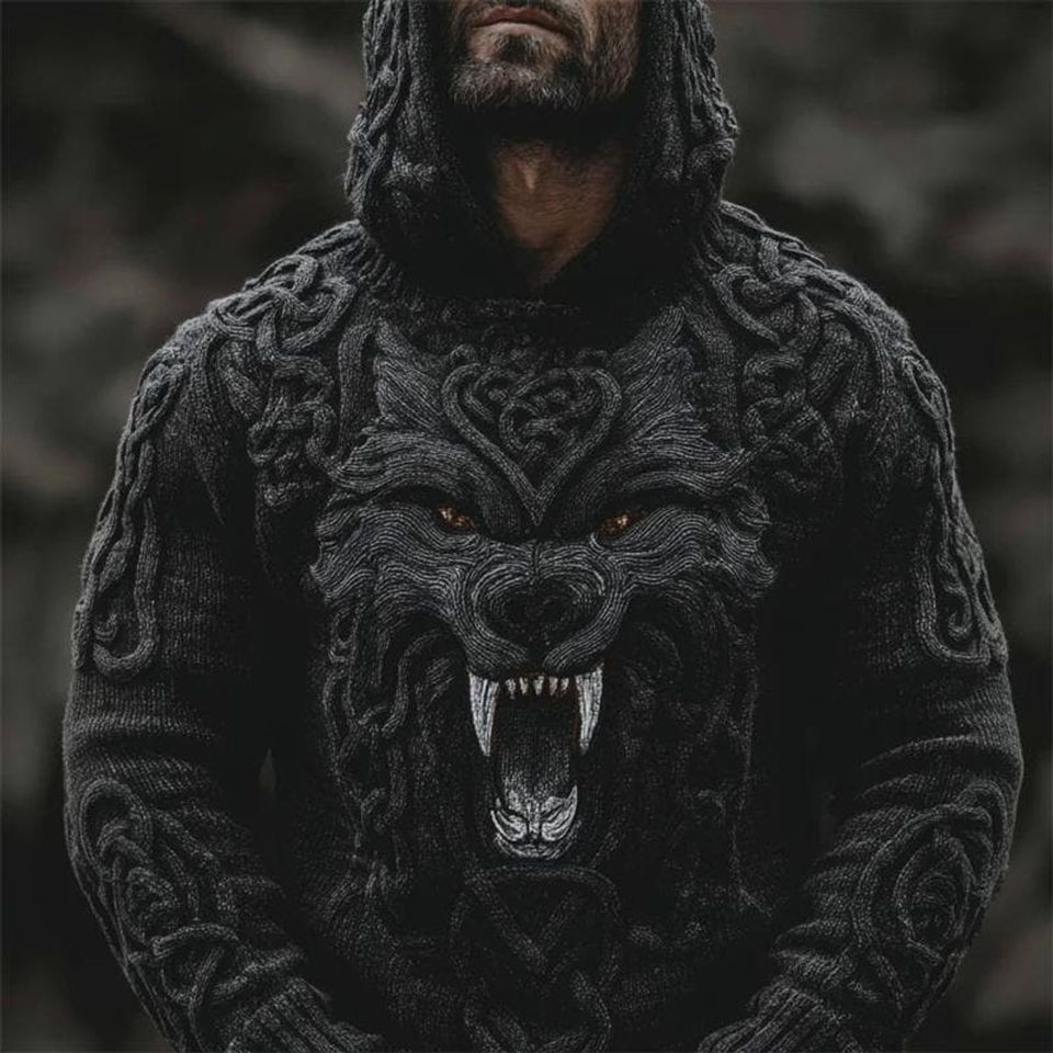 Men's Viking Wolf With Fangs Celtic Knot Chunky Knit Hoodie
