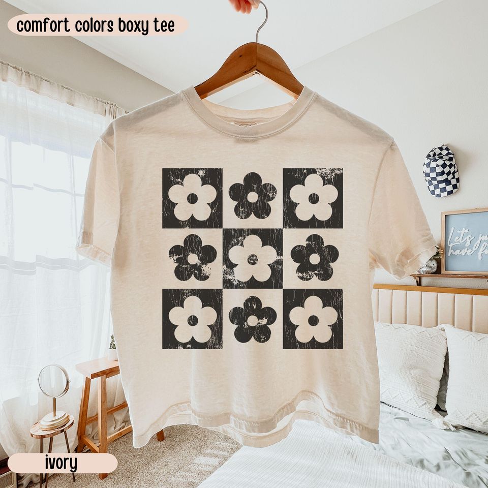 Checkered Flowers Boxy Tee, Boho Floral Boxy Tee, Gift For Mom
