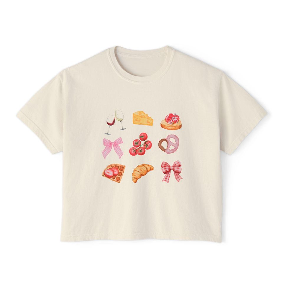 Food & Wine Boxy Tee, Pastries Bows Wine Cropped Tee