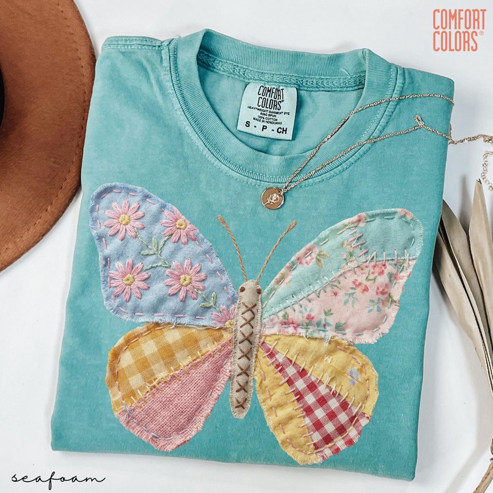 Faux Patchwork Butterfly Shirt, Spring Butterfly Shirts, Easter Shirts