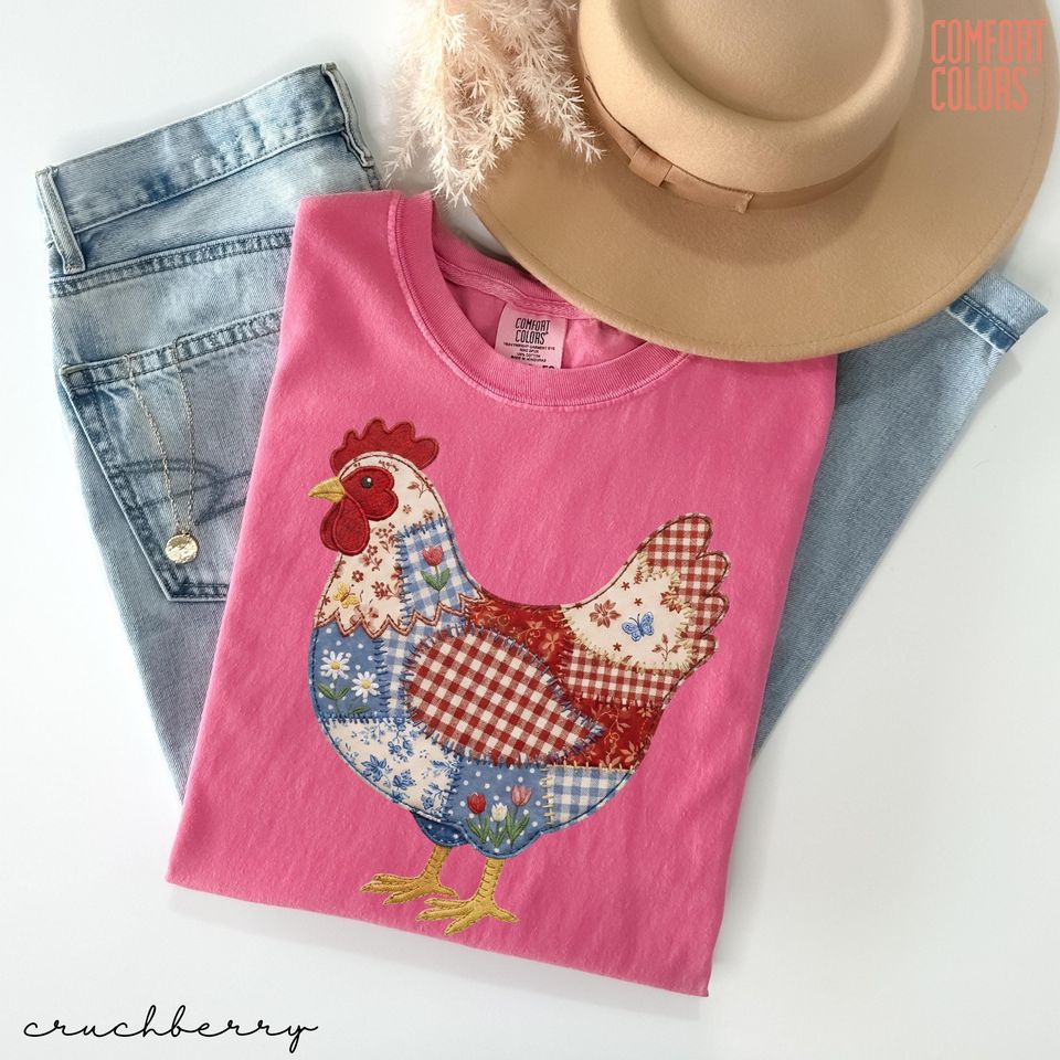 Faux Patchwork Chicken Shirt, Spring Chicken Shirts, Easter Shirts