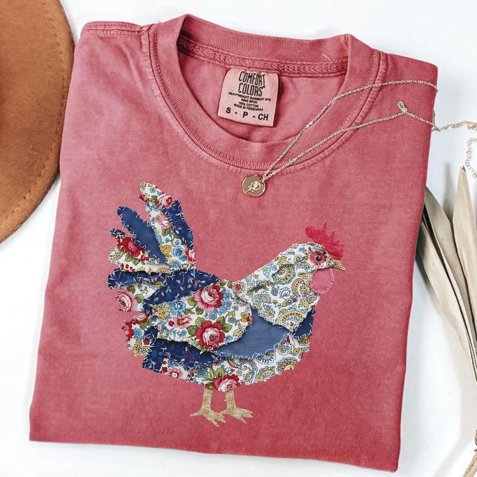 Easter Floral Retro Chicken Patchwork TShirt, Boho Easter Tee