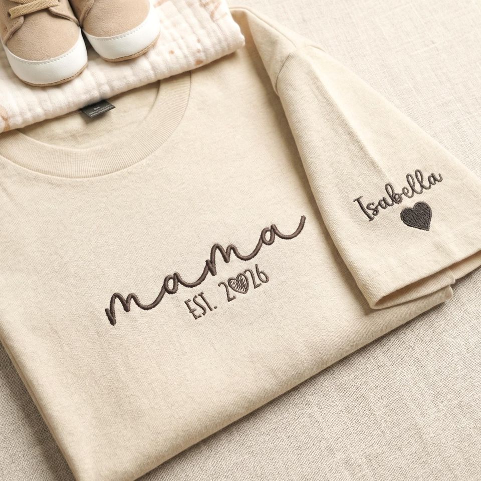 Embroidered First Mothers Day T-Shirt for Mom with Kids' Names