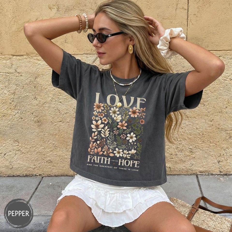 Love Faith Hope Womens Boxy Tee, Boho Floral Retro Christian Bible Verse Tee