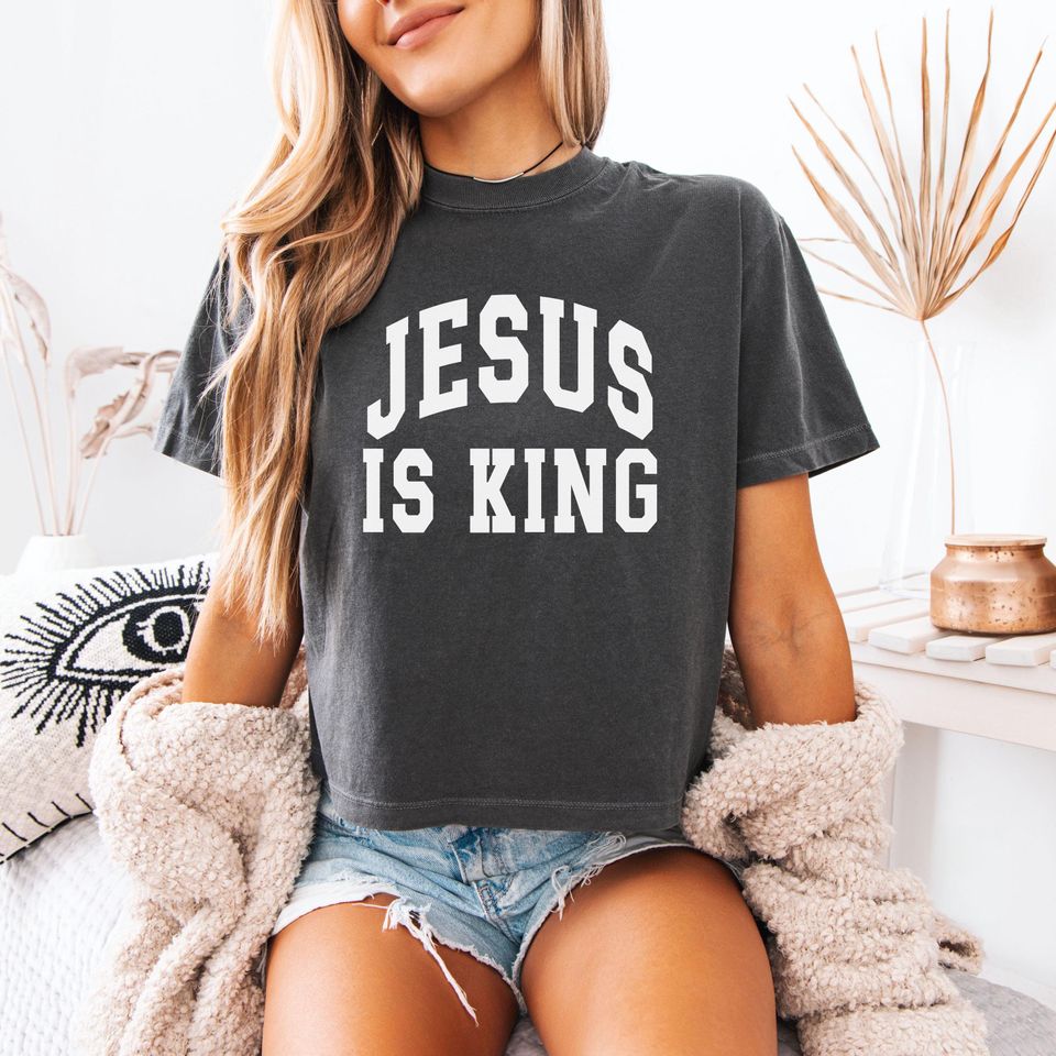 Jesus Is King Women's Boxy Tee, Varsity Style Christian Boxy Tee