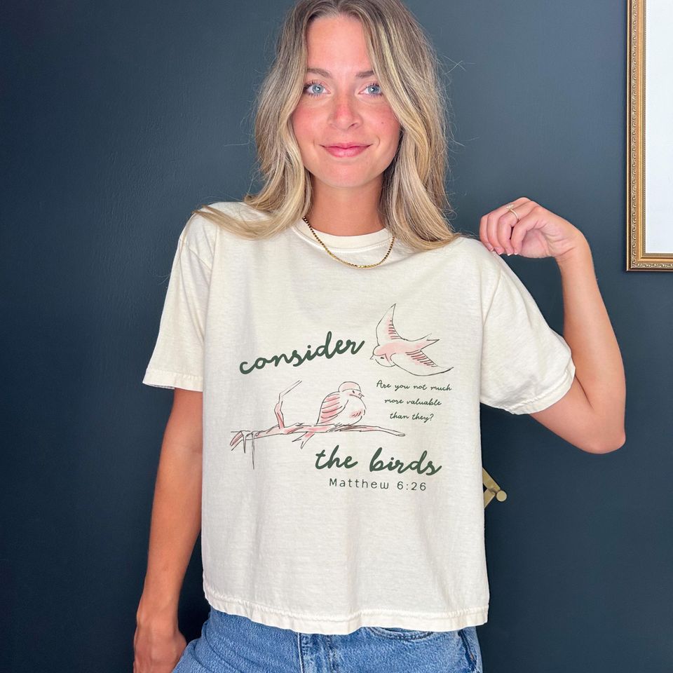 Matthew 6:26 Christian Bird Faith Based Boxy Tee for Women