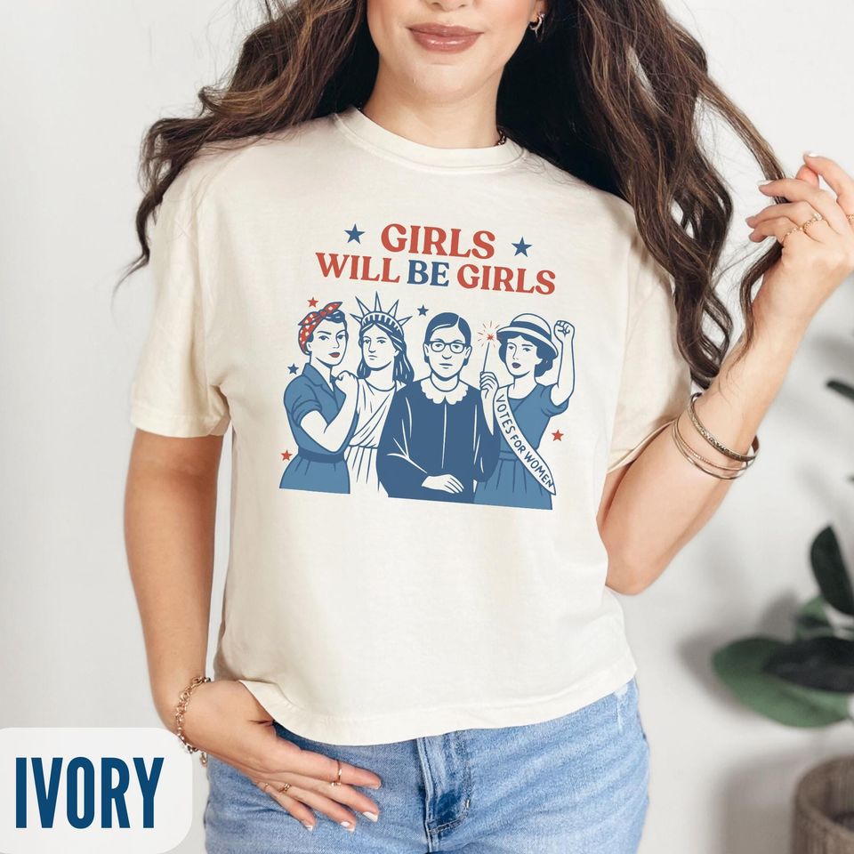 Girls Will be Girls Women's Boxy Tee, Patriotic Feminist 4th of July Tee