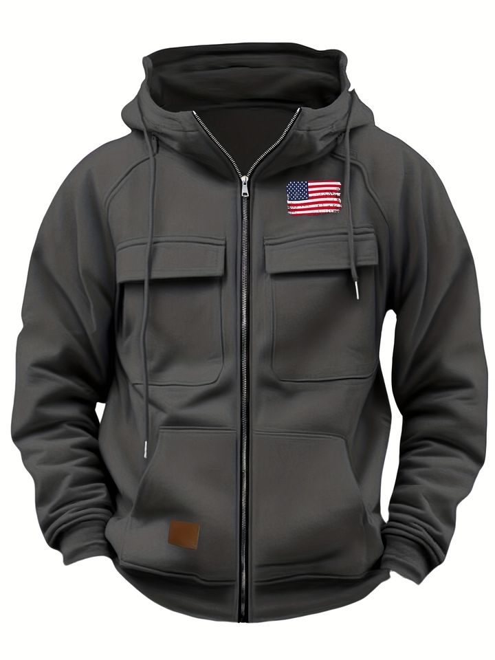 New Winter Style Men's Long Sleeve Zip-Up Jacket with Pockets, American Flag Icon, for Outdoor Sports, Gym