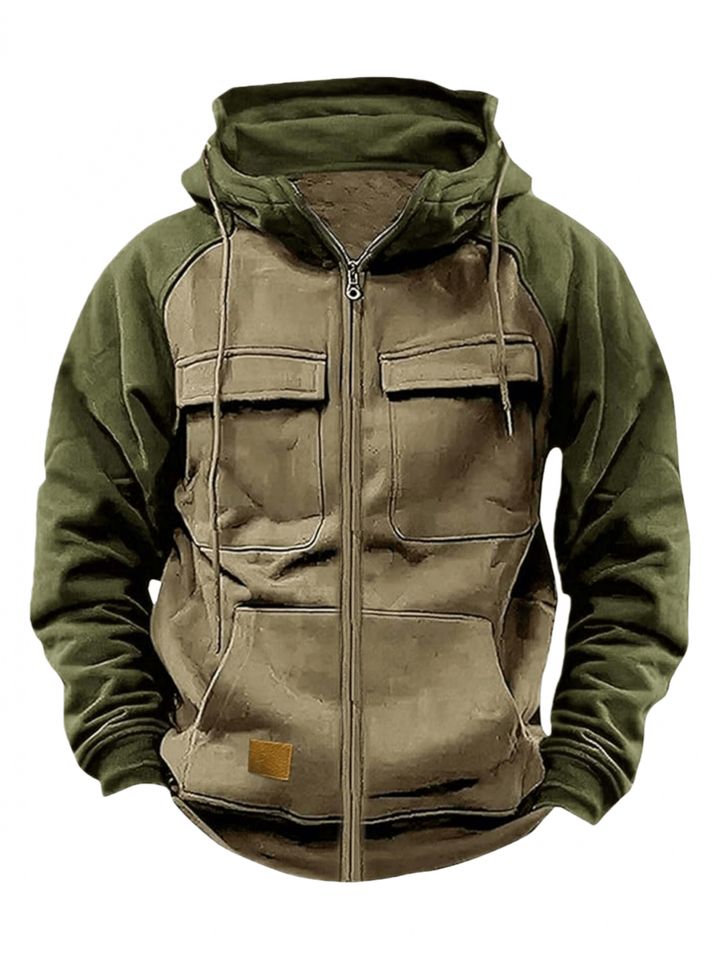 Hooded Coat for Men Featuring Color Blocking, Suitable for Spring And Autumn, with Long Sleeves, Multiple Pockets