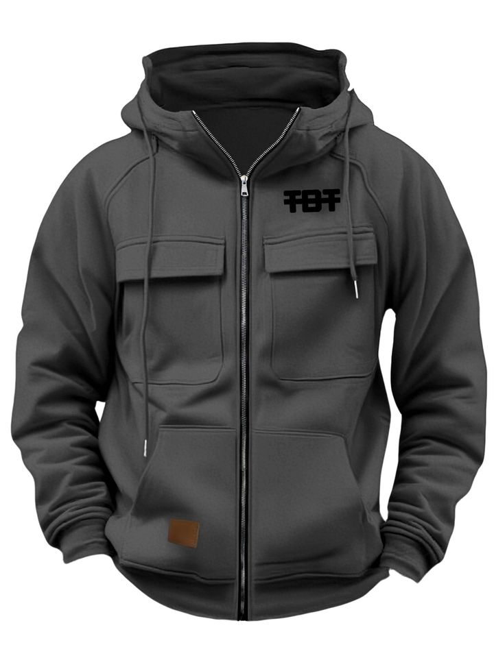 Fashionable Men'S Hoodie with Multiple Pockets And TBT Print Pattern for Autumn And Winter