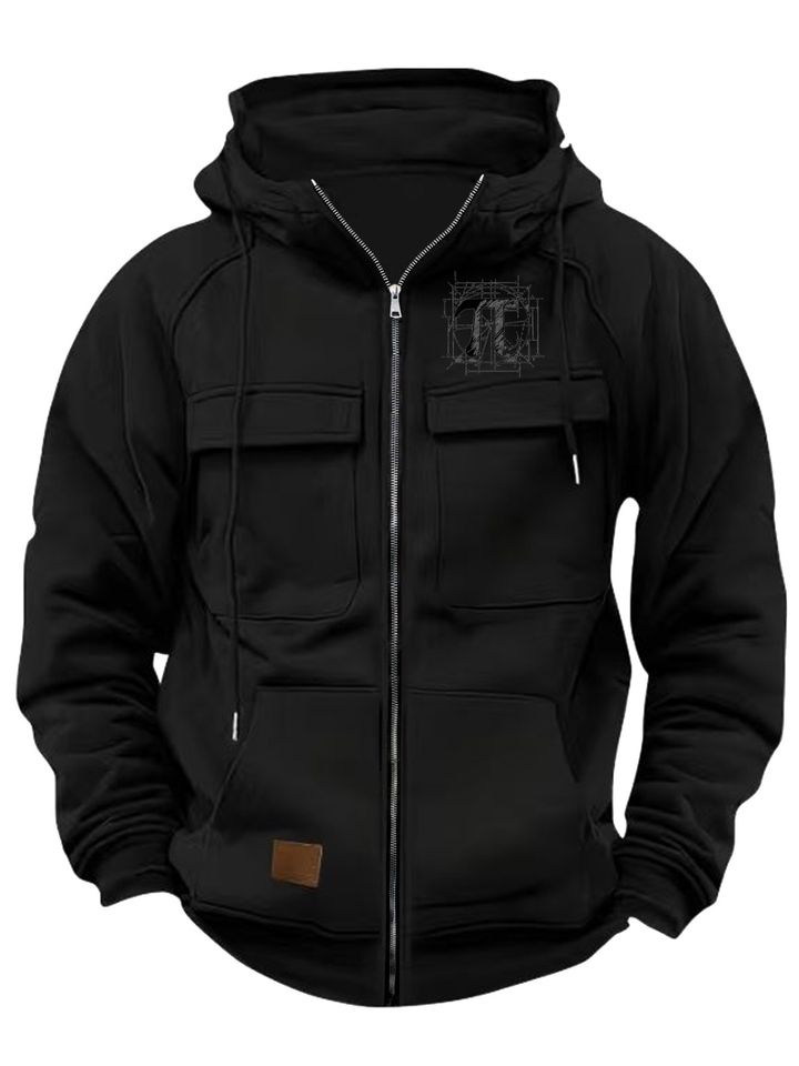 New Hooded Multi-Pocket Sweatshirt with Number Pattern Print, Suitable for Autumn And Winter