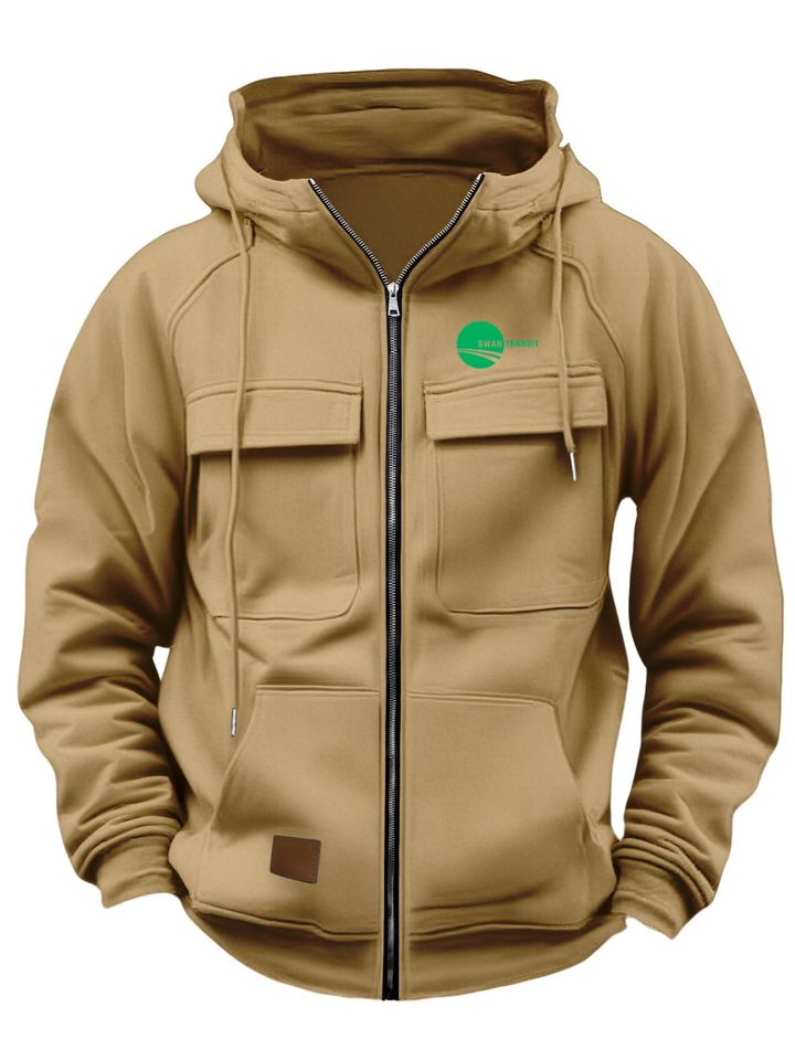 Autumn and winter Men's jacket with long sleeves, zipper pockets, and a hooded, suitable for spring
