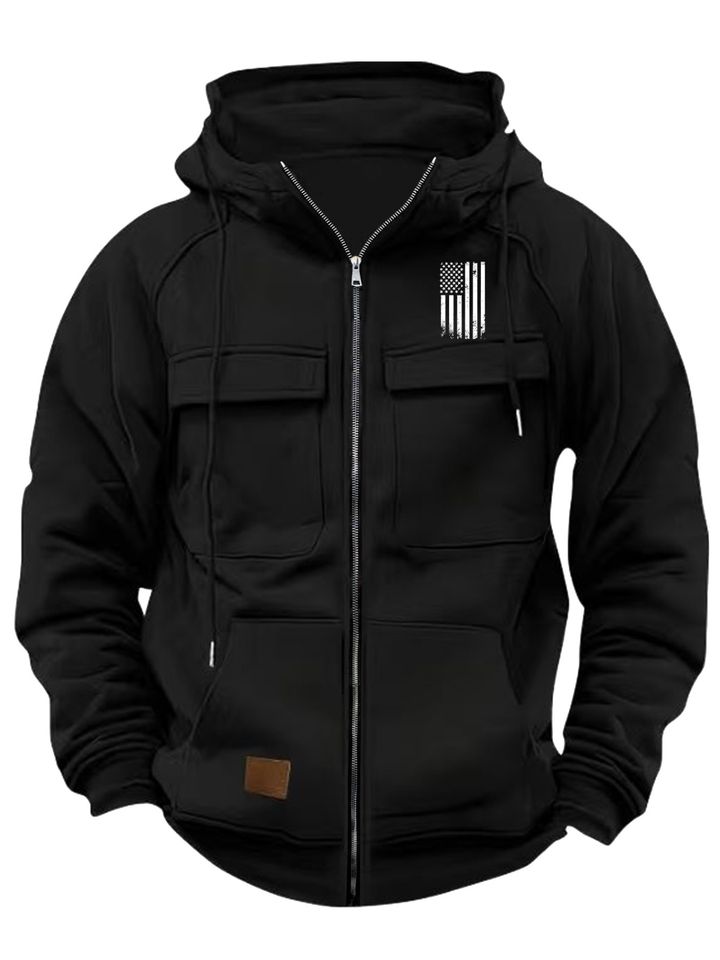 Oversized Cargo Style Men'S Full Zip Hoodie - Black Multi-Pocket for Fall And Winter