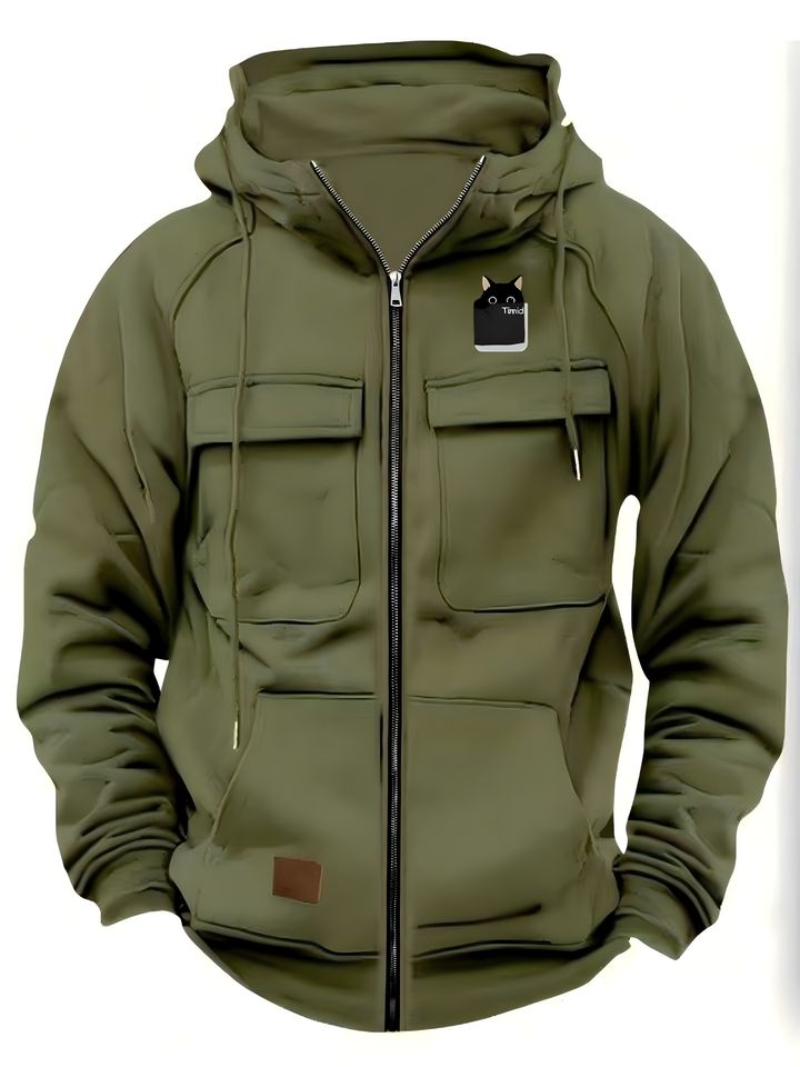 New Autumn And Winter Men'S Multi-Pocket Hooded Zip-Up Sweatshirt Featuring a Cute Cat Print