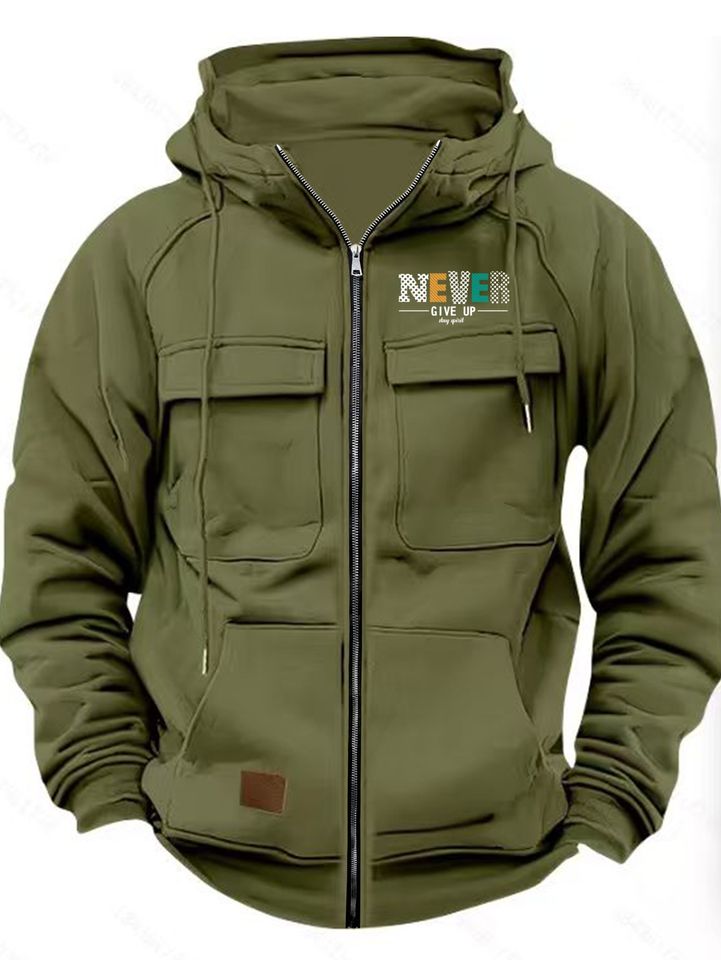 2026 New Men'S Hooded Multi-Pocket Sweatshirt Jacket Casual Outerwear, High-Quality Subtitle Pattern Print