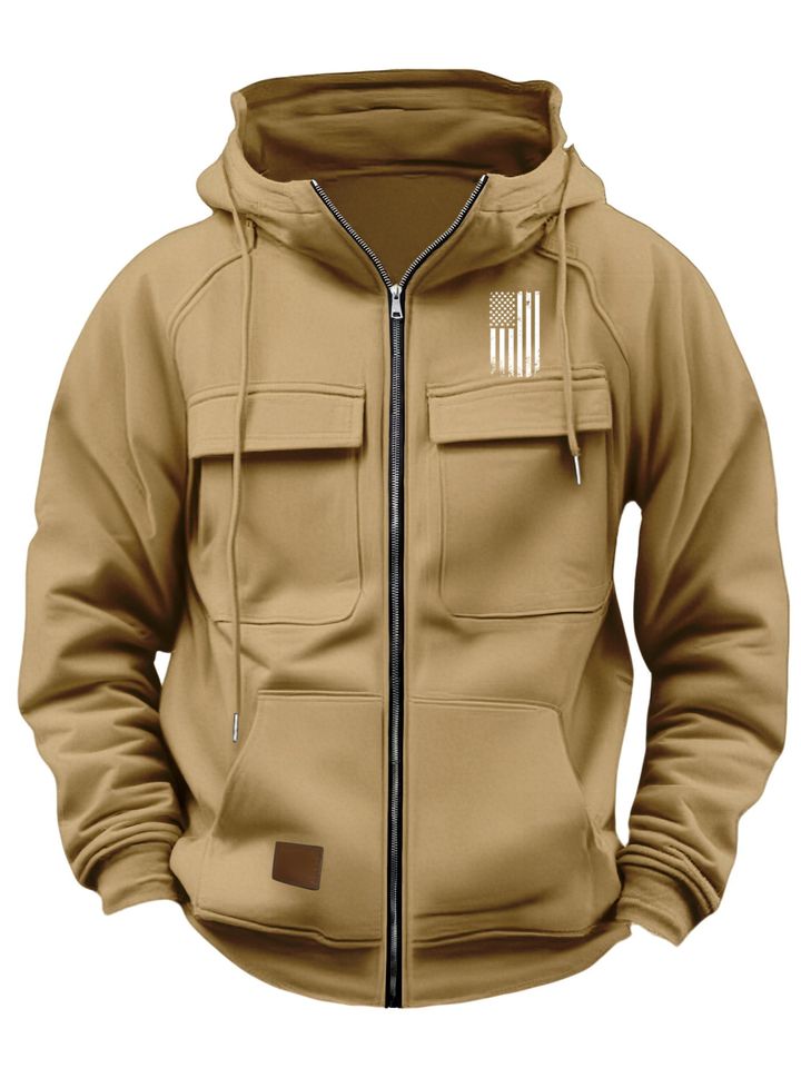 Men's Workwear-style Full-zip Hoodie - Black Multi-pocket American Flag Print Warm Hoodie for Autumn-Winter