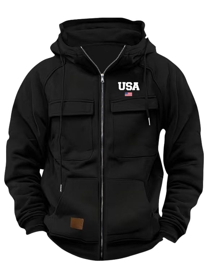 Men'S Gray Cargo Zip-Up Hoodie with The Print "I'M Thinking..." And Multiple Pockets