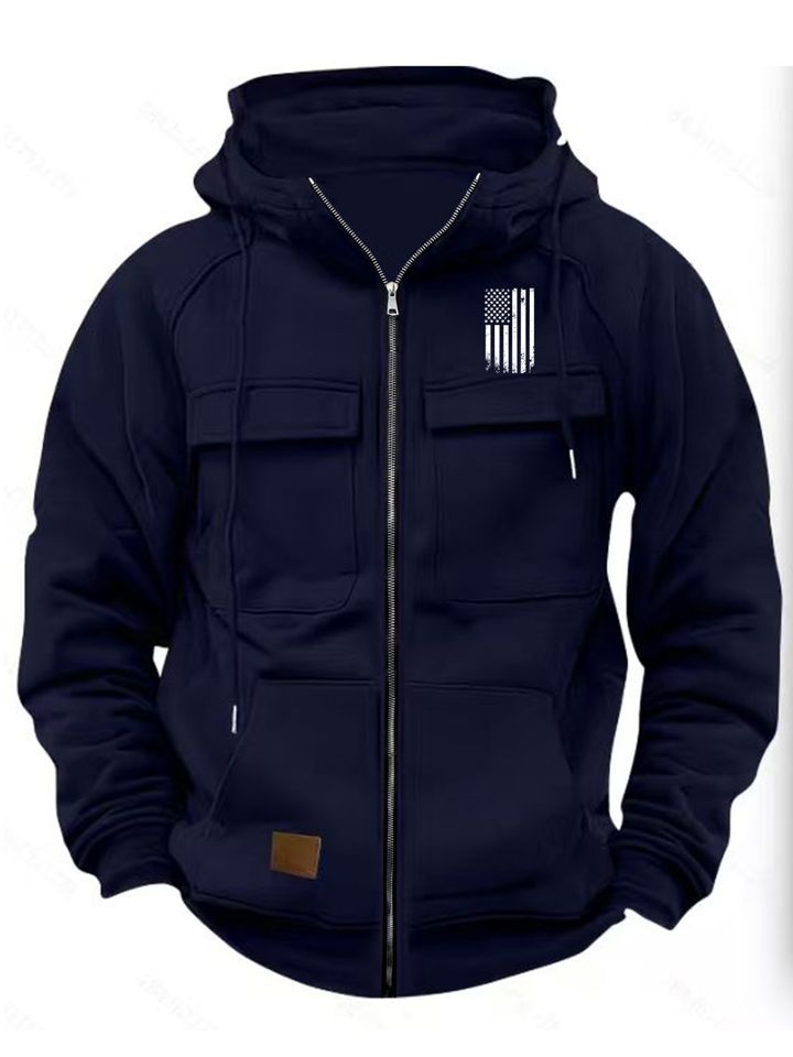 Large Size Hot Cargo Style Men's Full Zip Hoodie Cargo - Black Multi-Pocket Fall Winter Commute Outdoor