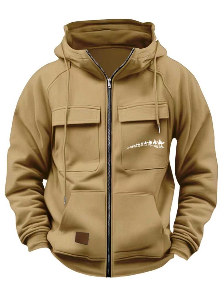 2026 Autumn/Winter Men's Fashion Hooded Jacket with Pockets, Camel Print, Casual Outdoor Sportswear