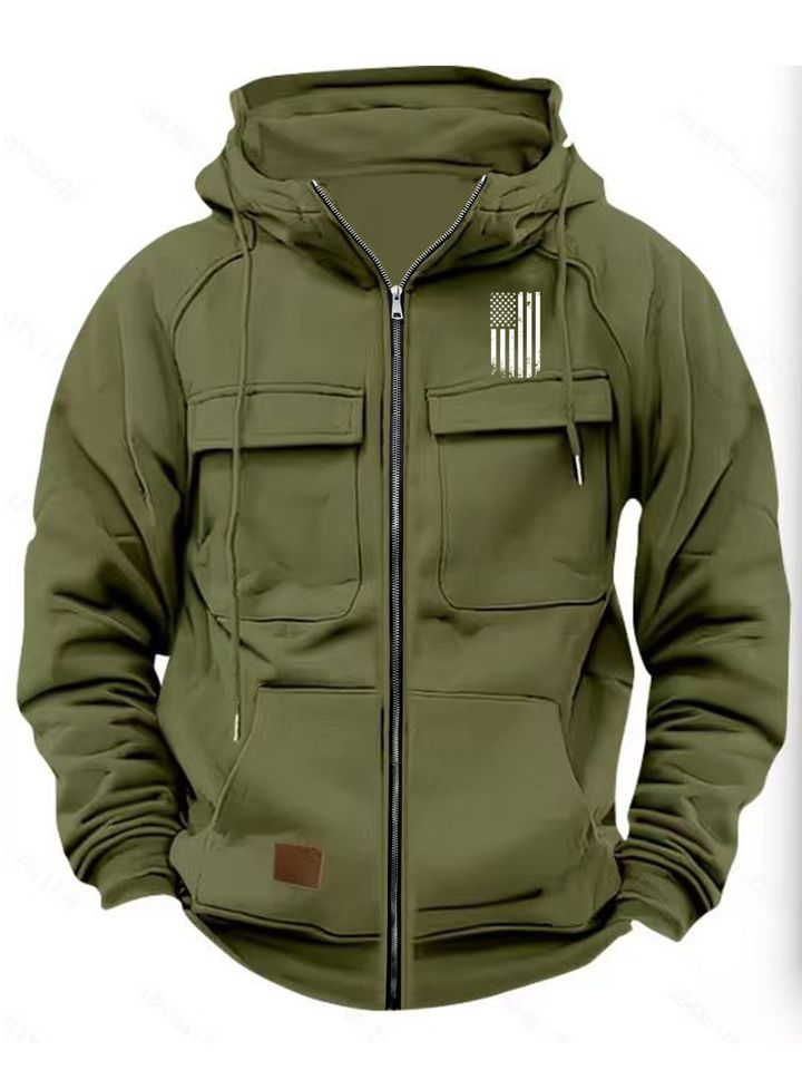 Tooling Style Men's Full Zip Hoodie | Black Multi-Pocket Autumn and Winter Commuter Outdoor