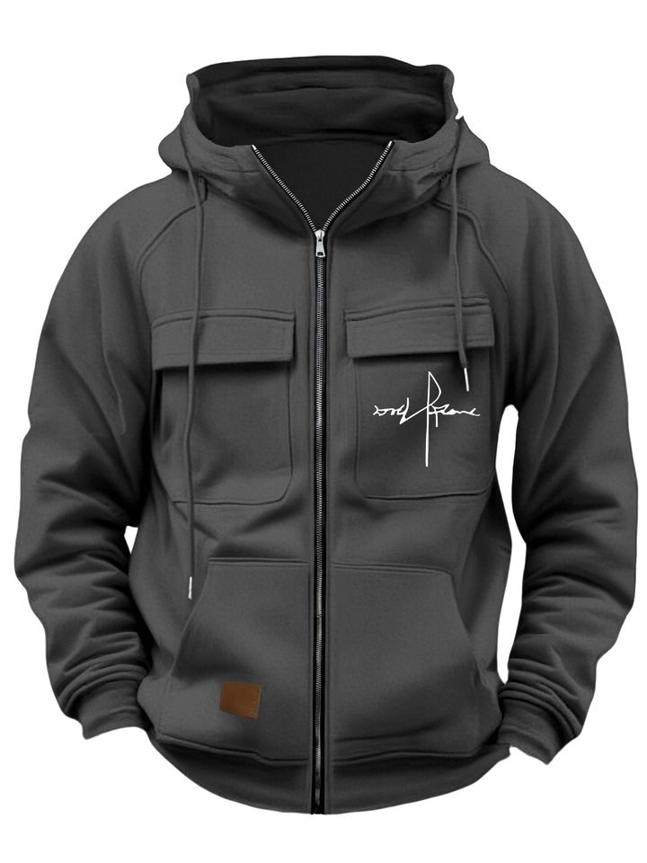 New Autumn And Winter Men'S Casual Hoodie with Multiple Pockets, Featuring Artistic Signature-Style Prints