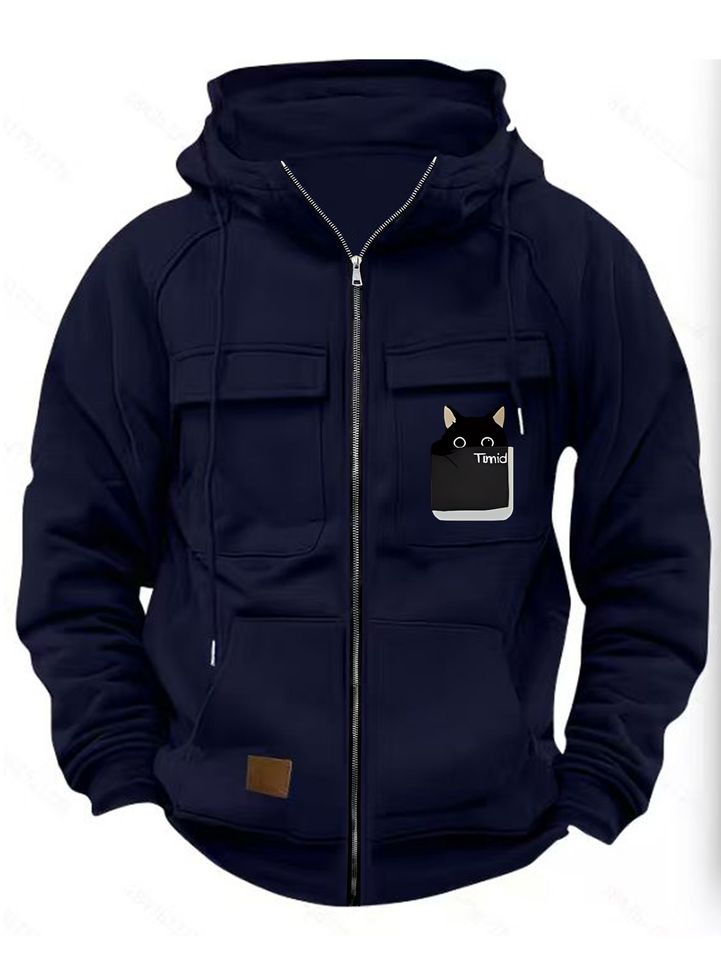 Men's Fashion Autumn/Winter Multi-Pocket Hoodie, Timid Black Cat Peeking Out Print Zip-Up