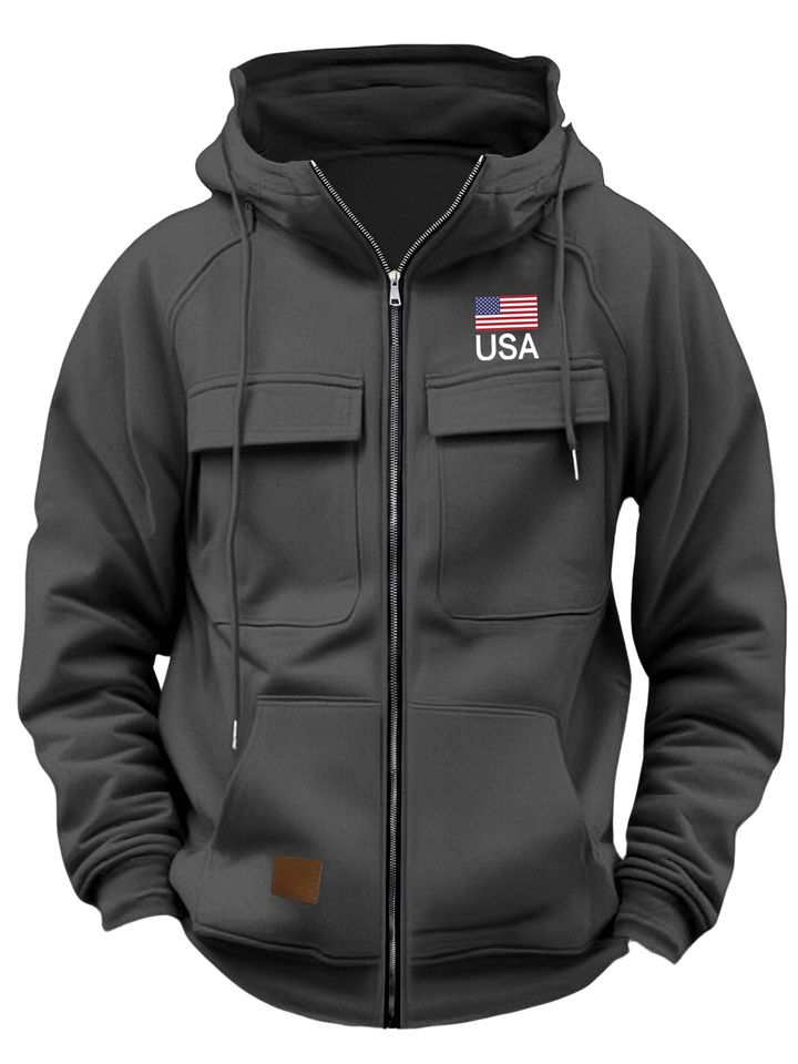 Spring Casual Multi-Pocket Floral Men's with USA Flag Lettering, Long Sleeve Zip-Up Apparel