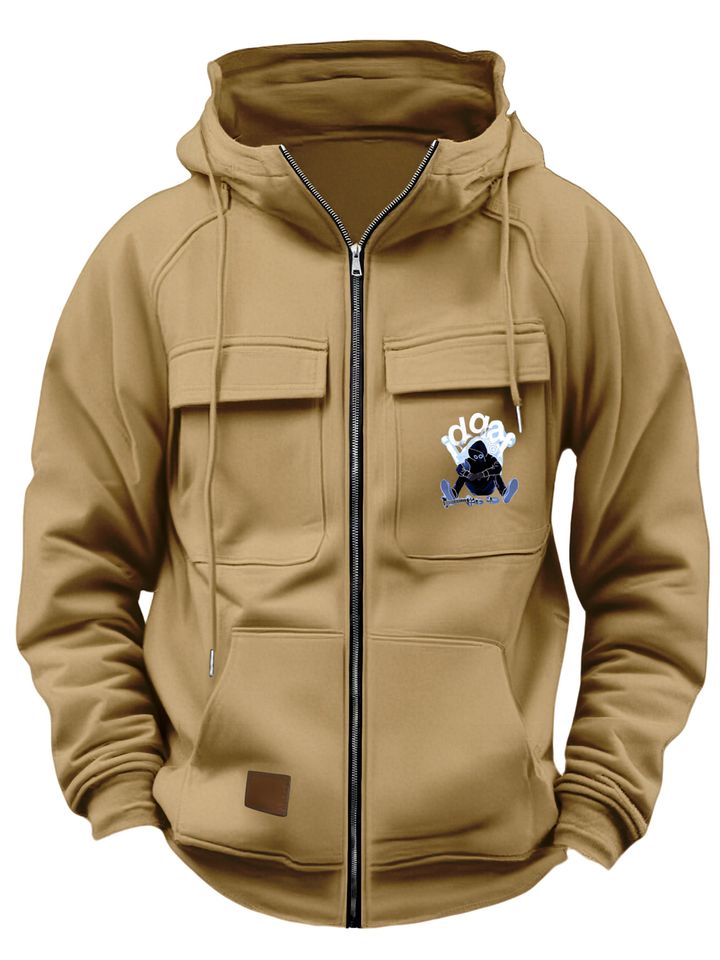 Men's Fashion with Multiple Pockets for Spring and Autumn, Printed Letter and Character Design, Hooded Zip-Up