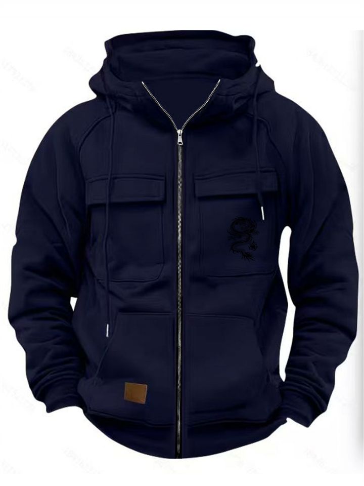 Men'S Fashion Cool Black Dragon Pattern Hooded| Autumn Winter Multi-Pocket