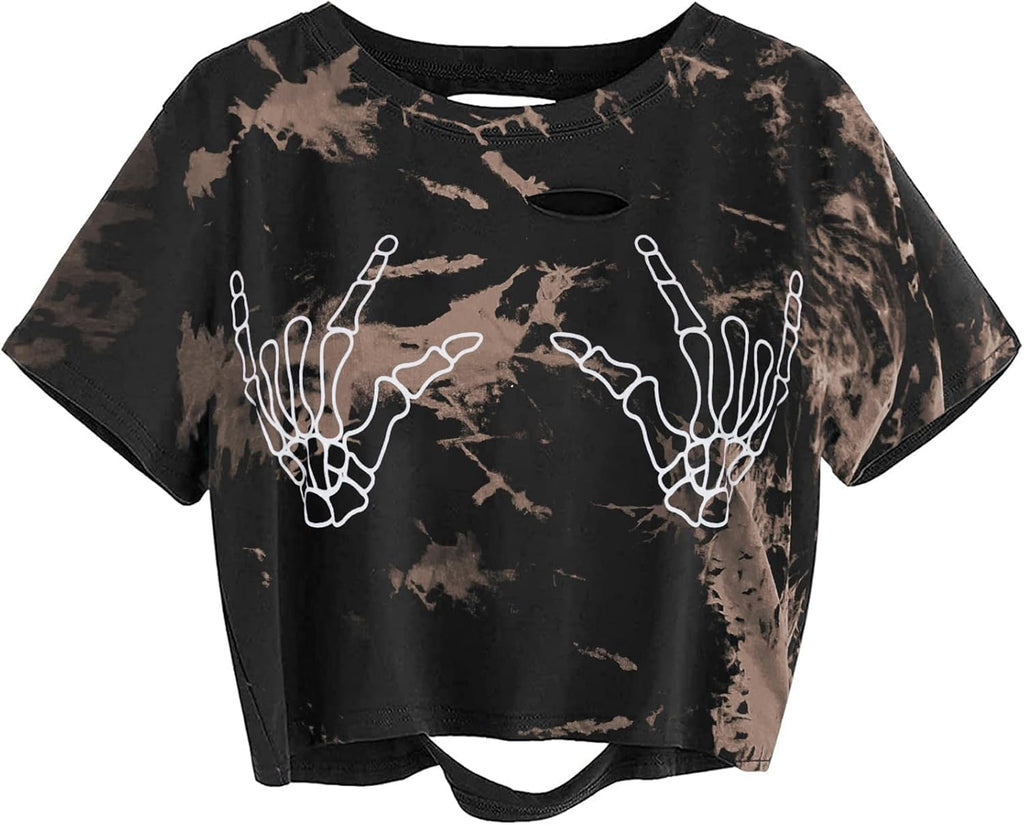 Women Skull Finger Graphic Distressed Tee Shirt Ripped Short Sleeve Crop Tops
