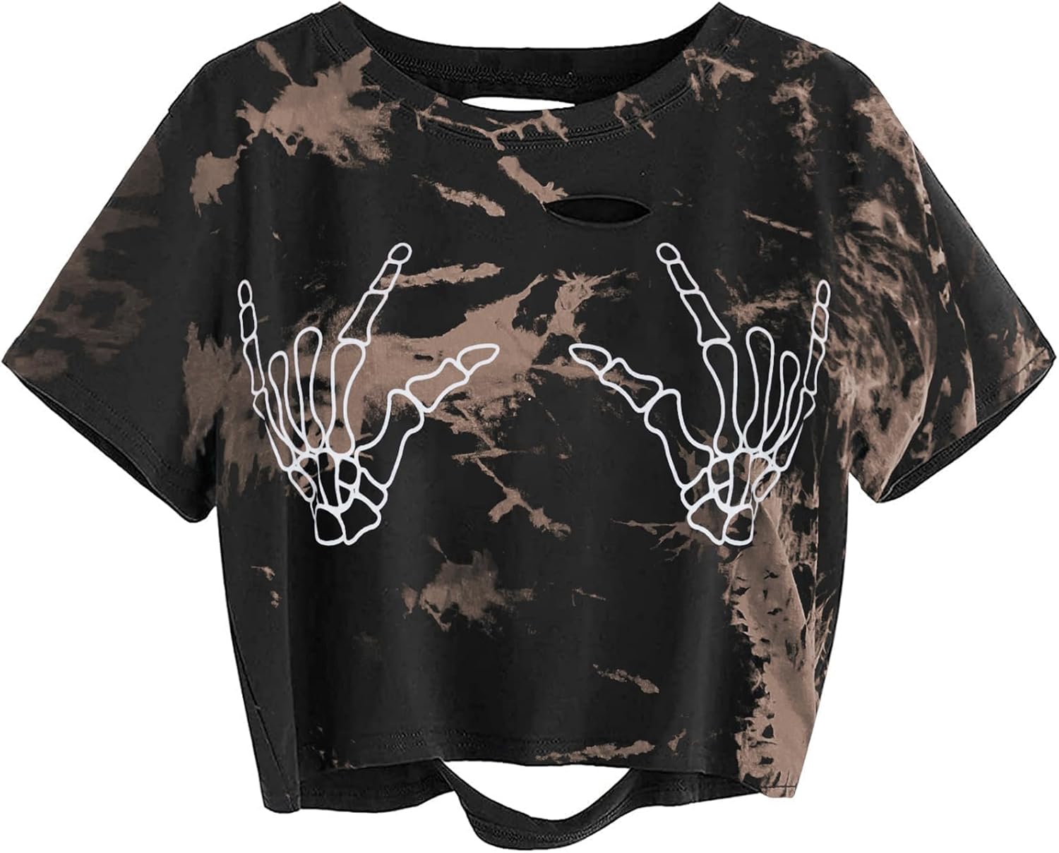 Women Skull Finger Graphic Distressed Tee Shirt Ripped Short Sleeve Crop Tops
