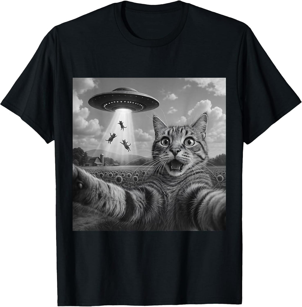 Alien Cat Selfie UFO Gifts Men Teen Boys Graphic Funny Cat T-Shirt