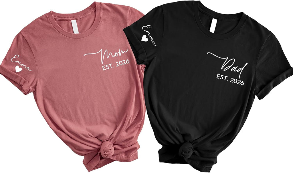 Custom Mom Shirt and Dad Shirt with Kids Names Est 2026 Personalized Dad and Mom Tee for New Parents Fathers