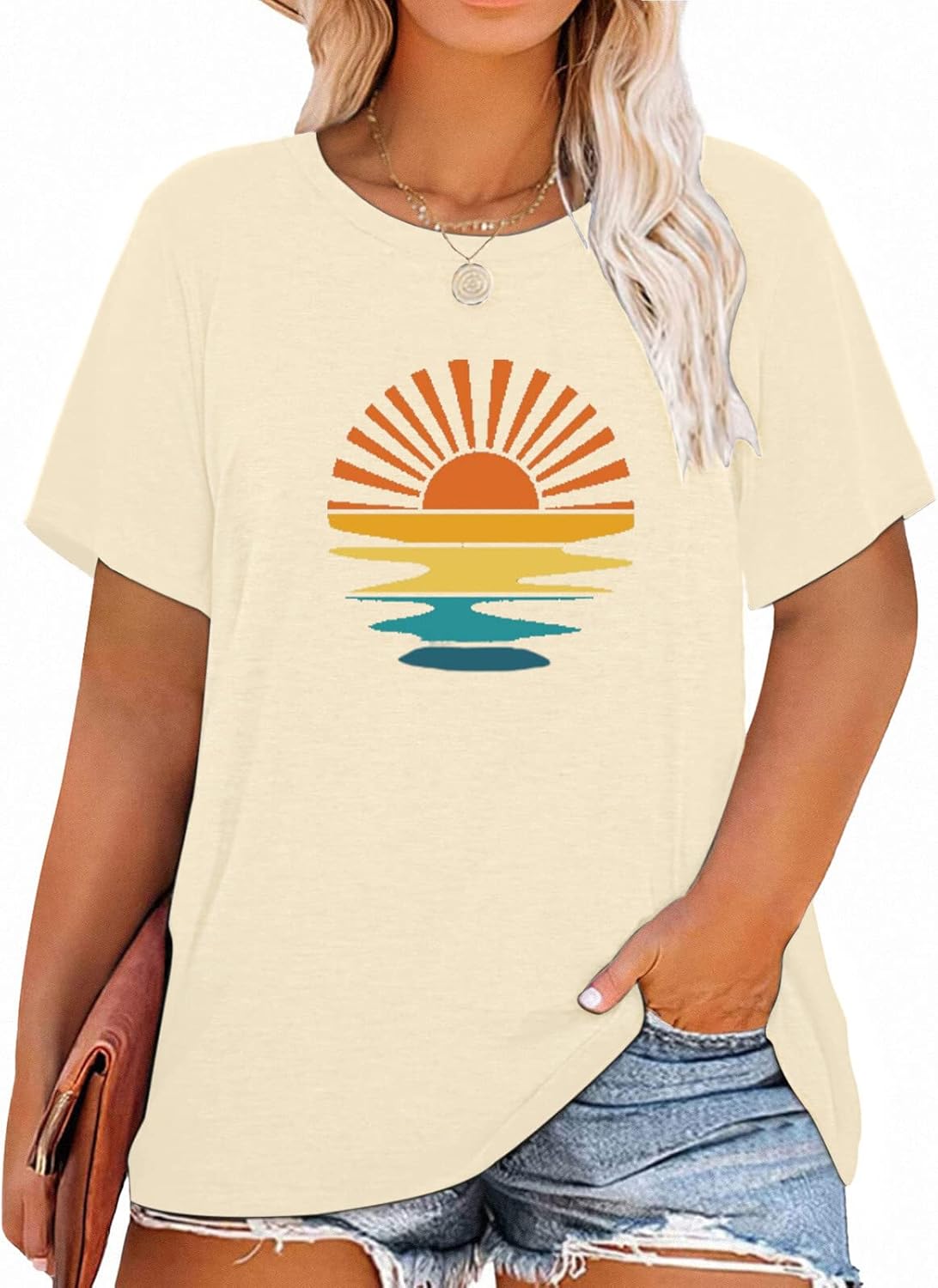 Plus Size Tops for Women Cute Vintage Graphic Tee Sunrise Camping Funny Print Casual Nature Travel Shirt