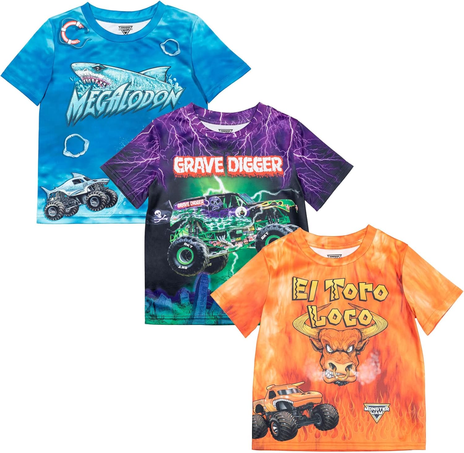3 Pack T-Shirts Toddler to Big Kid Grave Digger El Toro Loco Megalodon