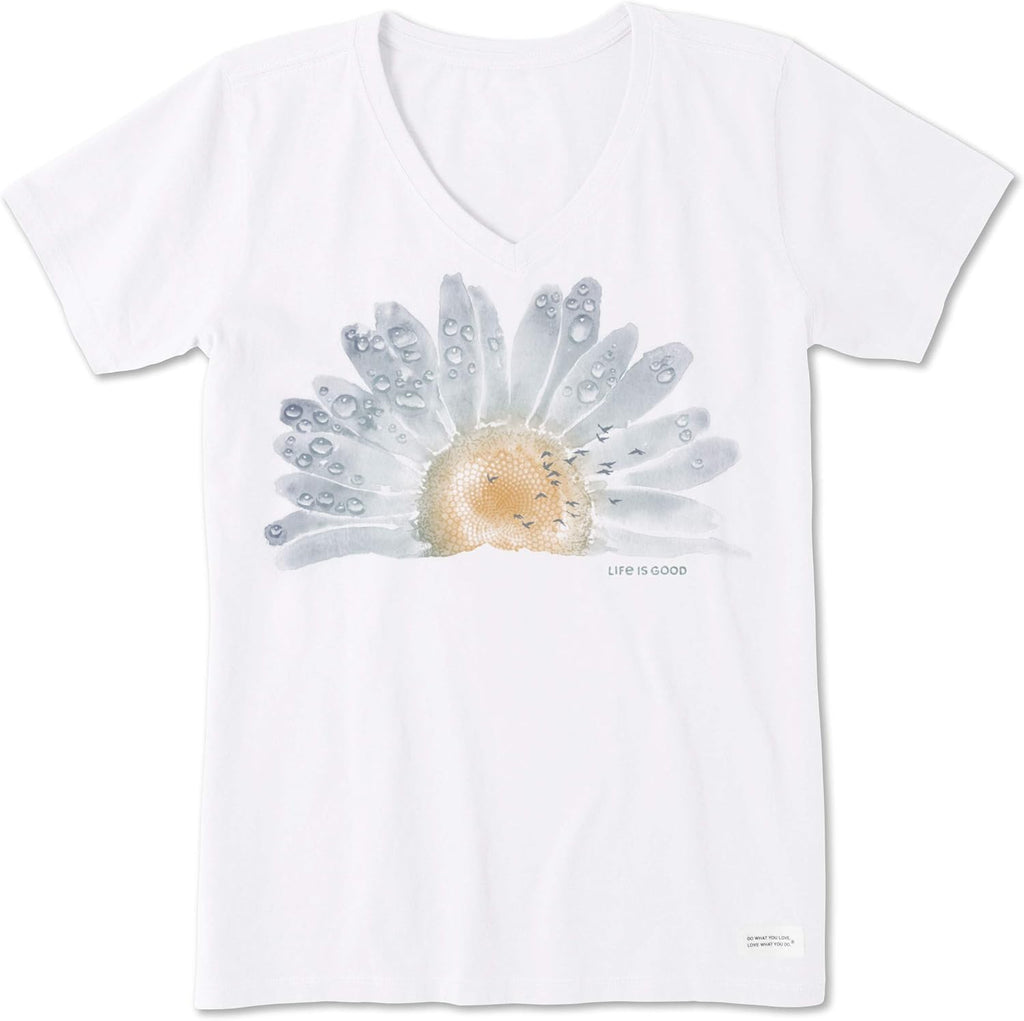 Women's Crusher Tee Shirt, Short Sleeve Cotton Graphic T-Shirts, Watercolor Daisy Birds