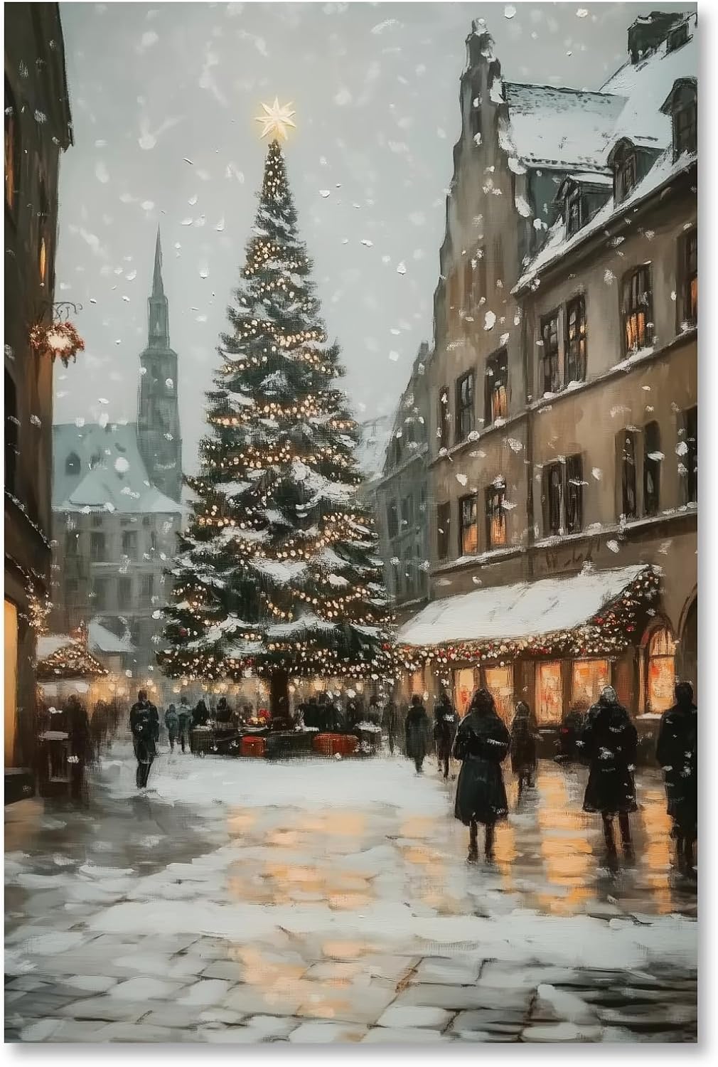 Christmas Tree City Street Wall Art Snowy Town Scene Poster Vintage Holiday Canvas Print Winter Decor Rustic Farmhouse Xmas Pictures Painting Decoration for Living Room Home 16x24inch Unframed