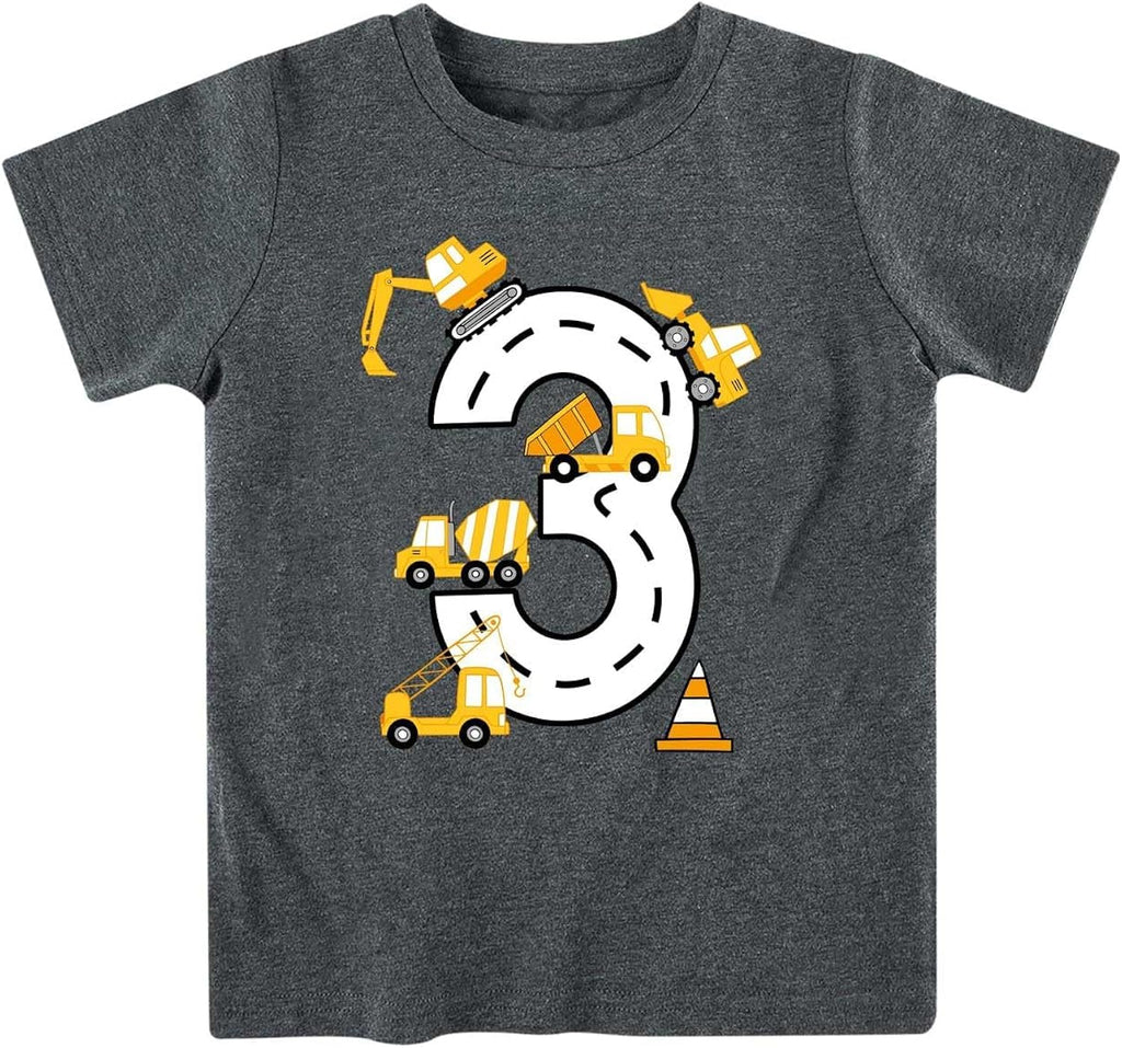 2-5 Years Birthday Boy Shirt Construction Party T-Shirts Excavator Cotton Short Sleeve Tee Dark Grey