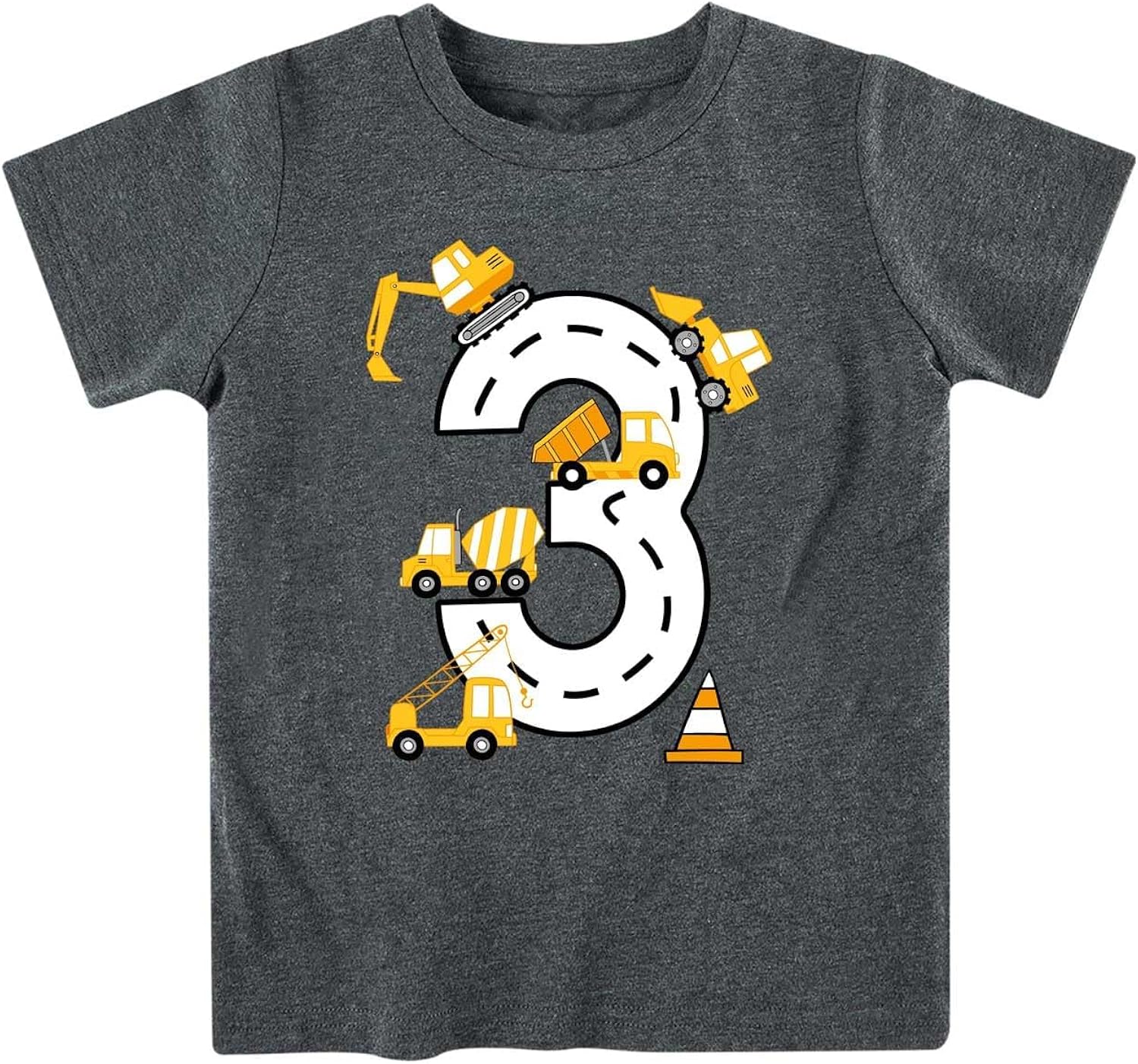 2-5 Years Birthday Boy Shirt Construction Party T-Shirts Excavator Cotton Short Sleeve Tee Dark Grey