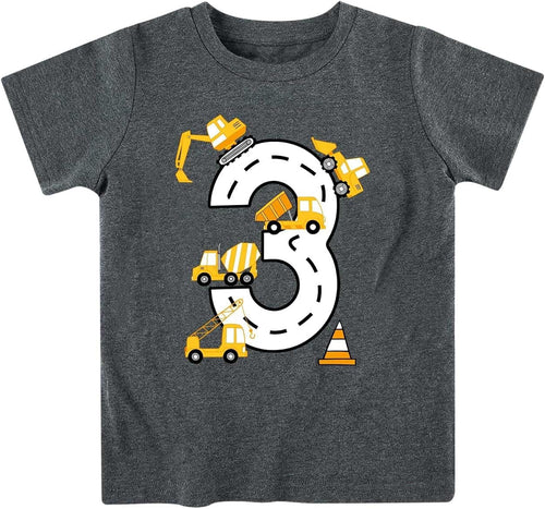 2-5 Years Birthday Boy Shirt Construction Party T-Shirts Excavator Cotton Short Sleeve Tee Dark Grey