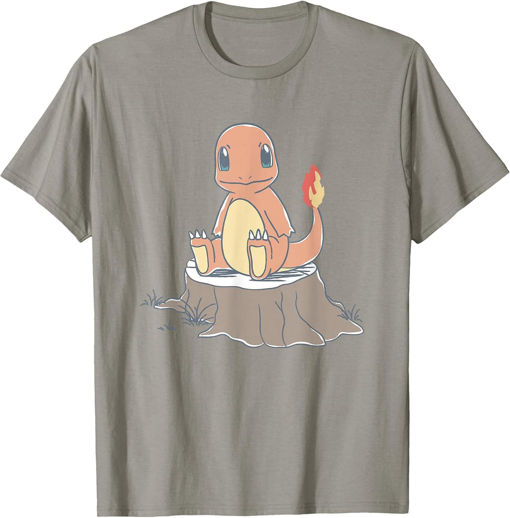Charmander Sitting On Tree Stump Retro Sketch T-Shirt