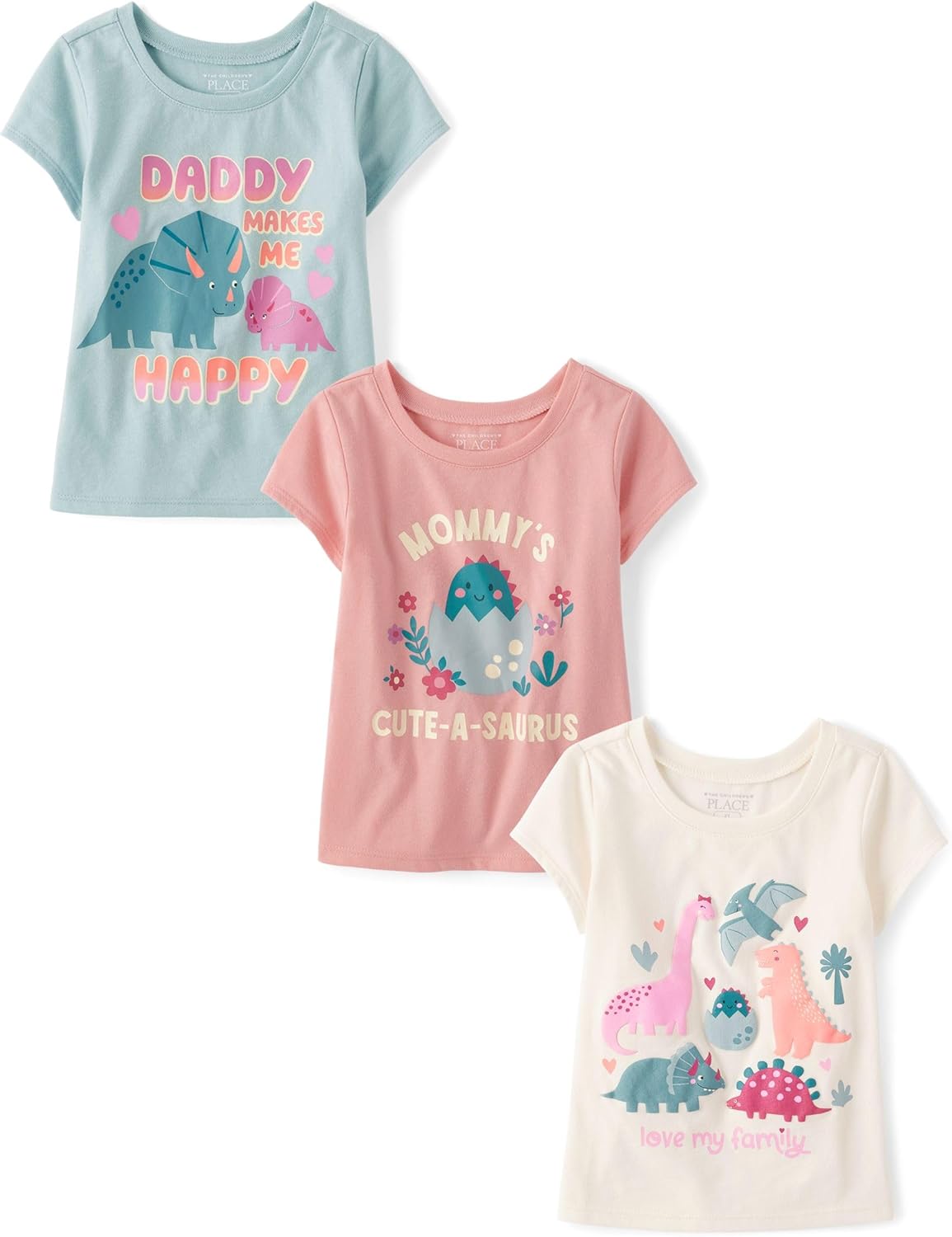 Baby Girls,and Toddler Family,Mom,Dad,Sibling Short Sleeve Graphic T-Shirts,multipacks,Dino/Family/Daddy 3-Pack,3 Years