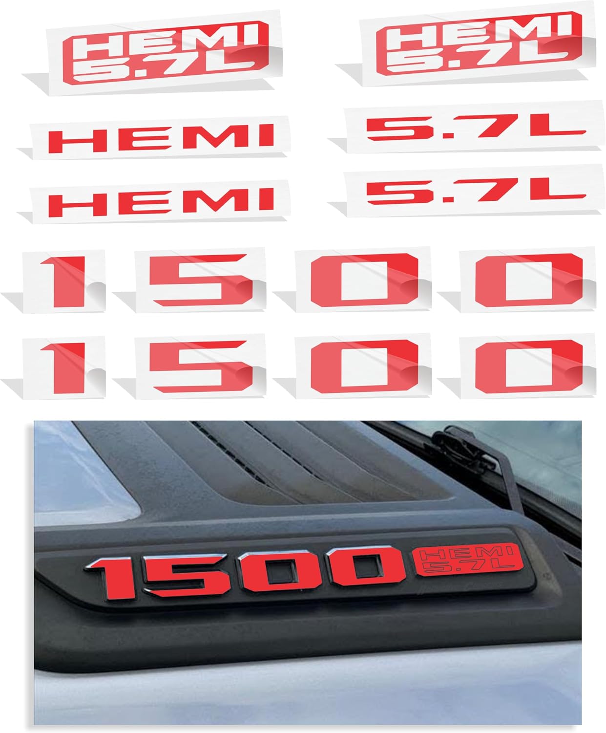 Reflective Concepts 2019-2022 Ram 1500 HEMI 5.7L Sport Performance Hood Emblem Overlay Decal Stickers - (Color: Gloss Red)